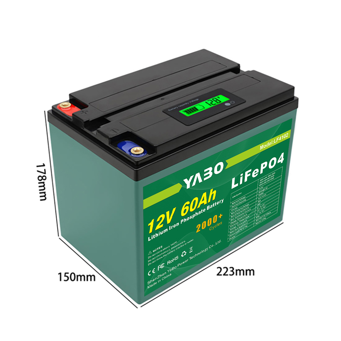 YABO 12V 60Ah LiFePO4 batterij met onderhoudsvrij ontwerp voor huisopslag